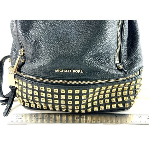 Michael Kors Rhea Zip Studded Black Pebbled Leather Backpack Gold Hardware - Picture 2 of 10